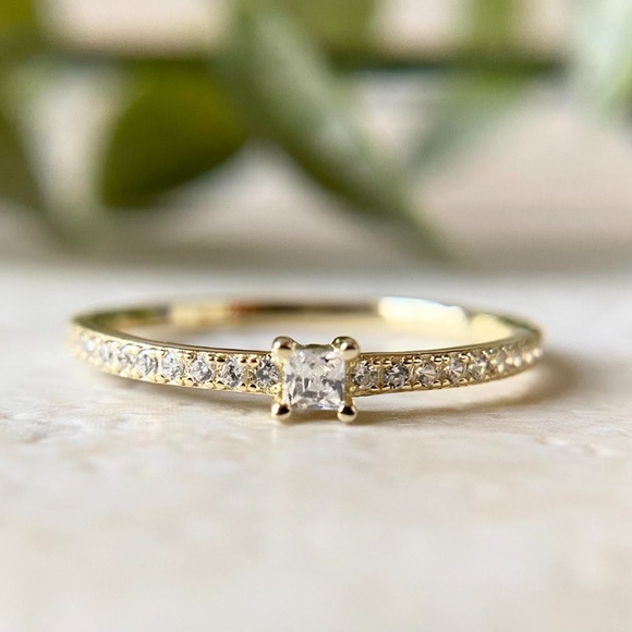 Dainty 14k Gold Plated Ring Minimalist Simple CZ Ring 925 Sterling Silver - Picture 1 of 5